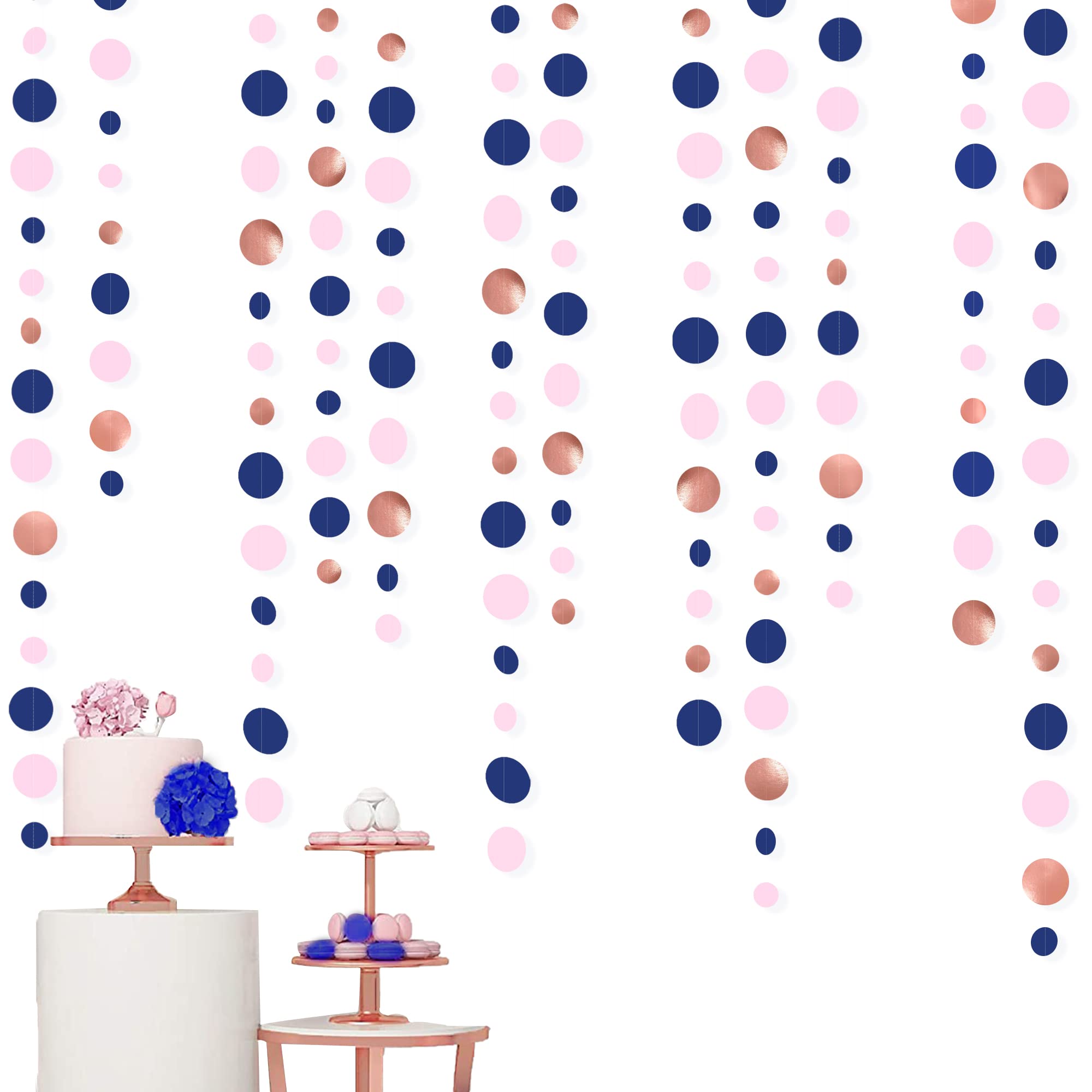 46Ft Navy Blue Blush Circle Dot Garland Royal Blue Pink Rose Gold Hanging Paper Polka Dot Streamer For Gender Reveal Baby Shower